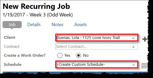 5. On the New Recurring Job overlay, fill in the job information on the Job tab. a. Select a Client from the dropdown list. b. Select a Schedule from the dropdown list. 6. Add a Service to the job. i. Assign Resources if you like.
