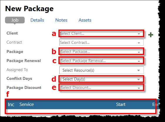 5. On the upper part of the New Package overlay, fill in the Job tab information (bold fields listed below -- are required). a. Select a Client from the dropdown list. b. Select a Package from the dropdown list.