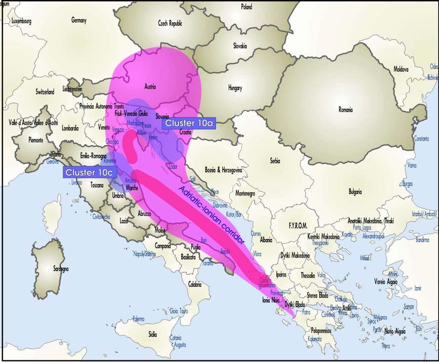 Figure 2-36 Map of the MoS potential corridor 5 in relation to the Adriatic-Ionian intermodal corridor From the above map, it is evident that the MoS potential corridor 5 lies upon along the