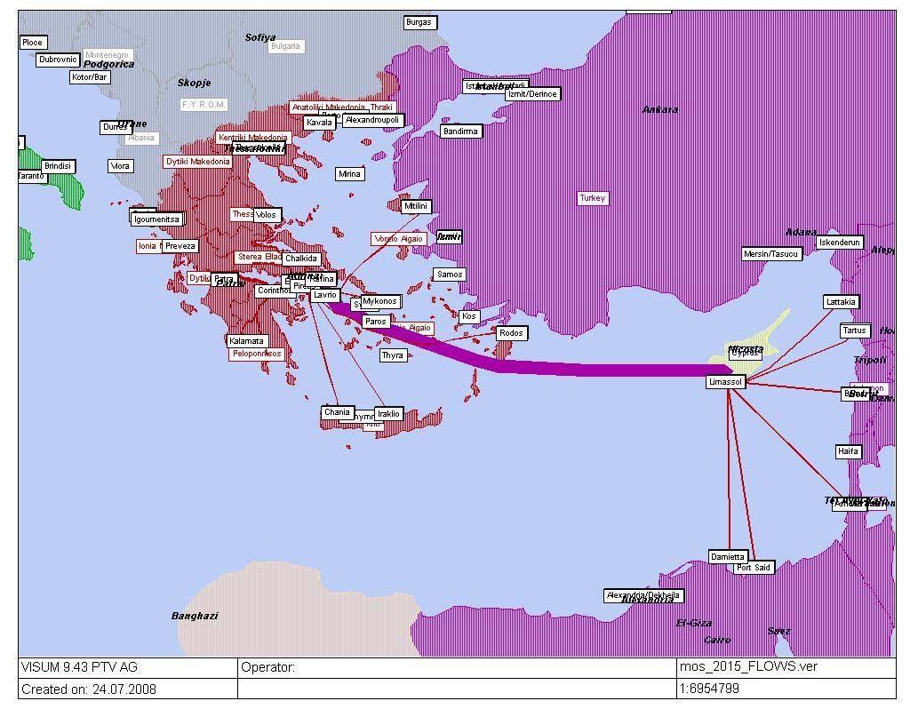 Figure 2-42 MoS flows in the indicative MoS link Piraeus - Limassol (MoS potential corridor 6) (EMR Middle East ports cluster & Central/ South Aegean ports cluster) The above presentation of the MoS
