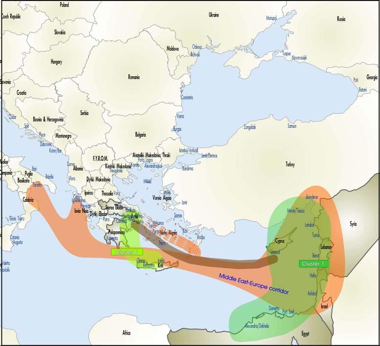 Figure 2-44 Map of the MoS potential corridor 6 in relation to the Middle East-Europe intermodal corridor Concerning general trade flows that could potentially be served by this maritime connection,