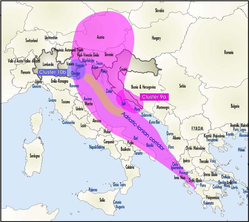 Figure 2-51 Map of the MoS potential corridor 7 in relation to the Adriatic-Ionian intermodal corridor From the above map, it can be seen that the MoS potential corridor 7 lies upon the