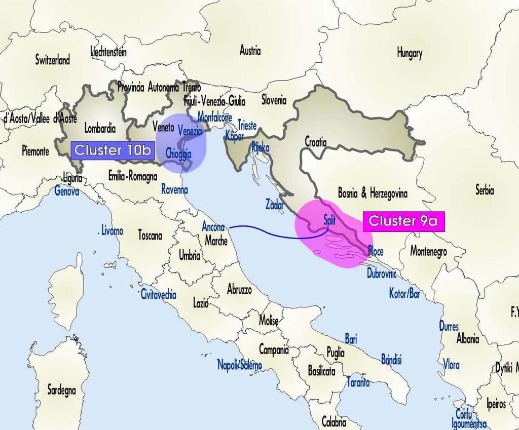 Figure 2-53 Existing maritime links between the catchment areas of the central segment of the North Adriatic & the northern segment of the South Adriatic - Balkan ports clusters Given the catchment