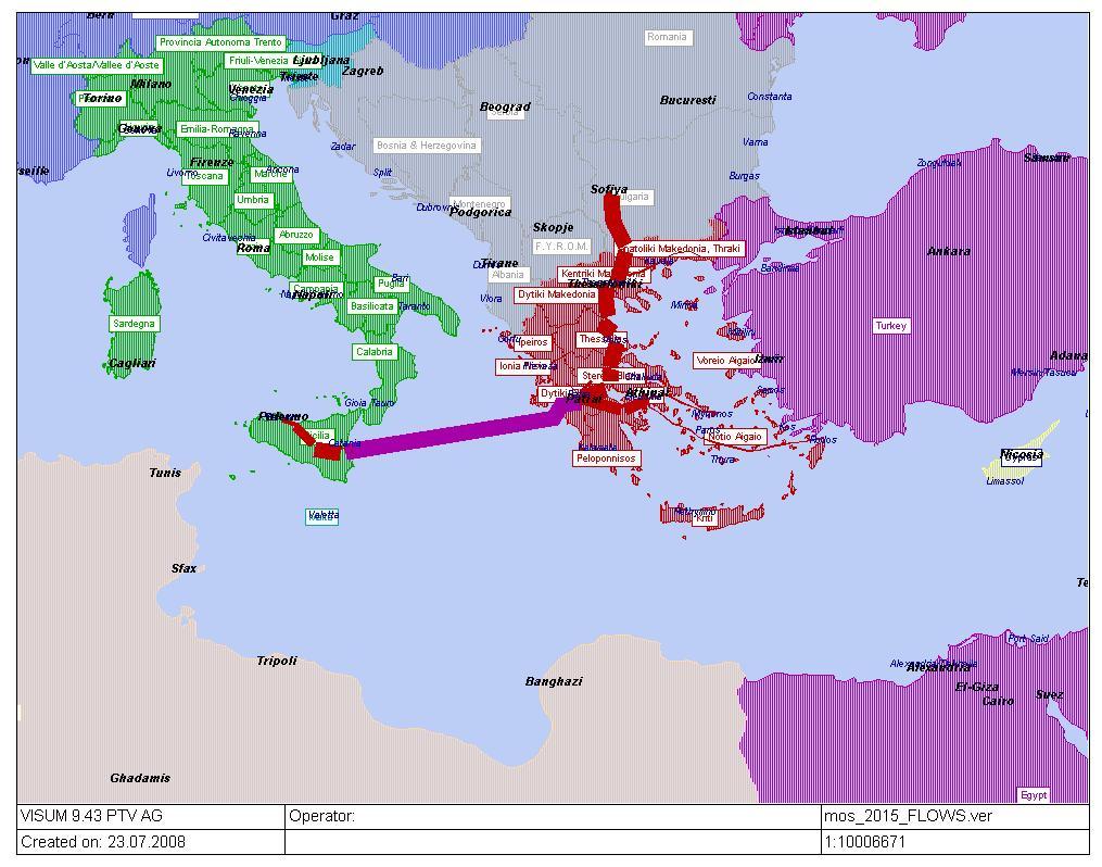 Figure 2-57 MoS flows in the indicative MoS link Patra Catania (MoS potential corridor 8 (Ionian Sea/ West Greece & the Italian ports of the Central Mediterranean ports clusters) The above
