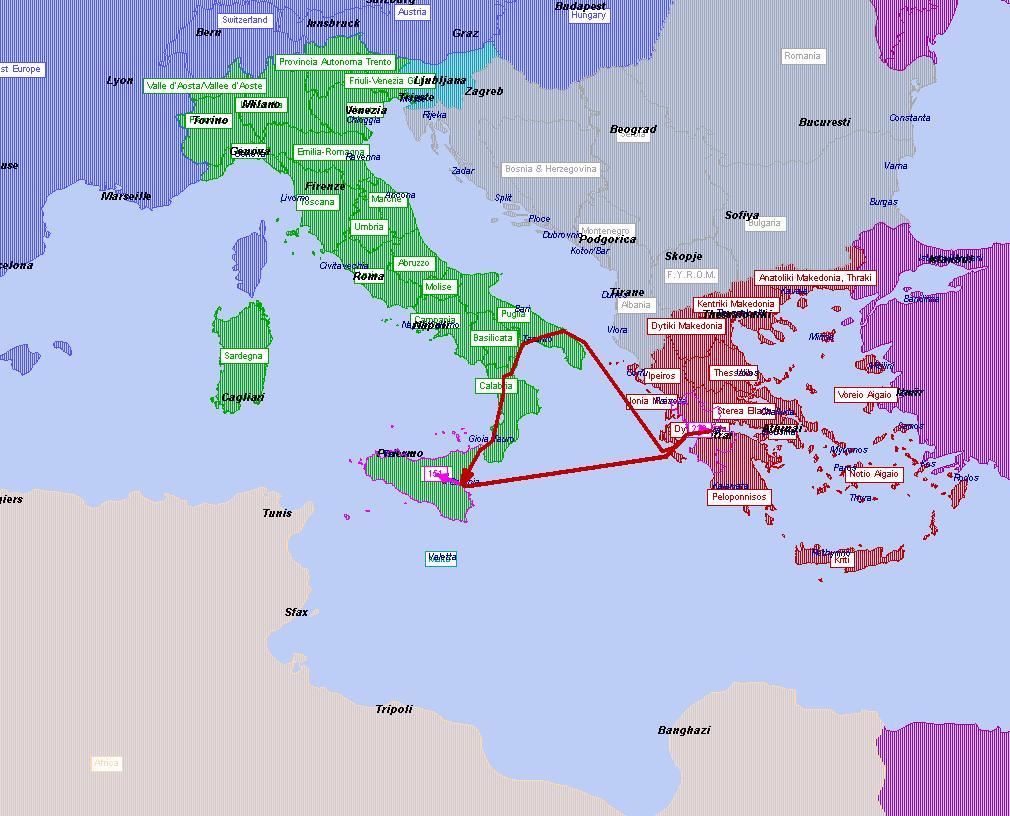 Figure 2-63 Indicative shortest paths displaying the two alternative ways of connection between the catchment areas of the Ionian Sea/ West Greece & the Italian ports of the Central Mediterranean