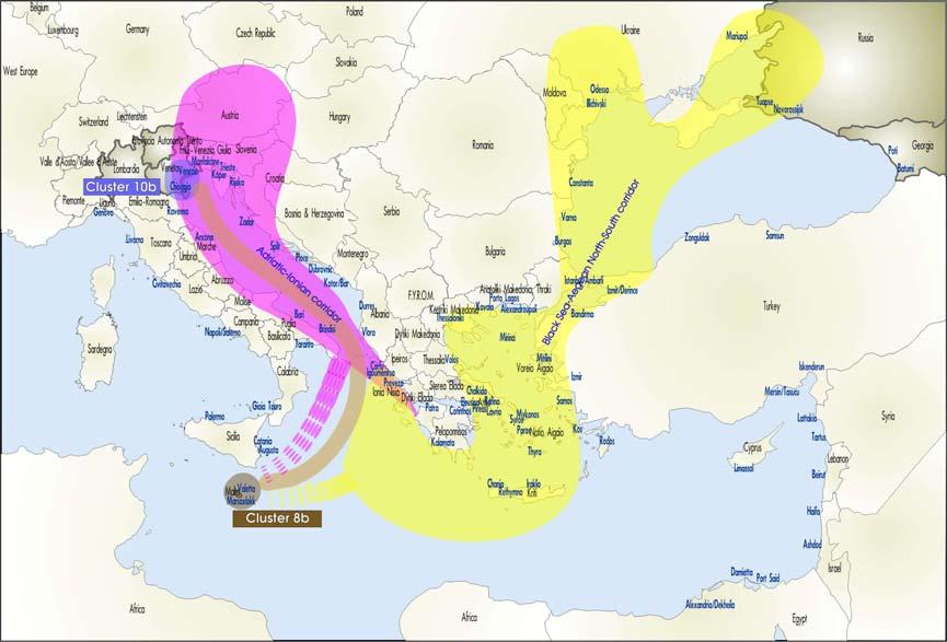 Figure 2-67 Map of the MoS potential corridor 9 in relation to the Adriatic-Ionian & Black Sea Aegean North-South intermodal corridors From the above map, it can be seen that the MoS potential