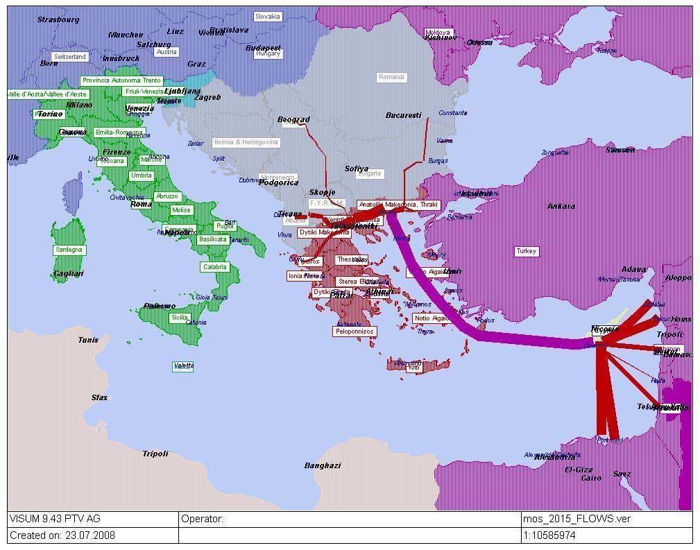 Figure 2-10 The MoS flows in the indicative MoS link Limassol Kavala (MoS potential corridor 2 (EMR-Middle East & North Aegean ports clusters) In the same figure, the flows of the particular