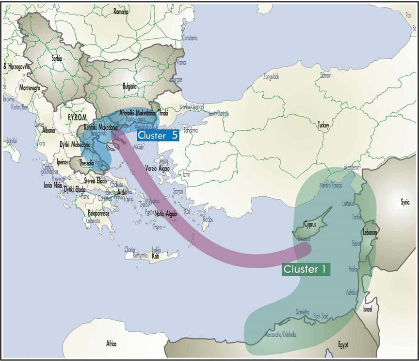 Figure 2-15 MoS potential corridor 2 (EMR-Middle East & North Aegean ports clusters) and interconnection with the main railway network However, in the future given the catchment area of this