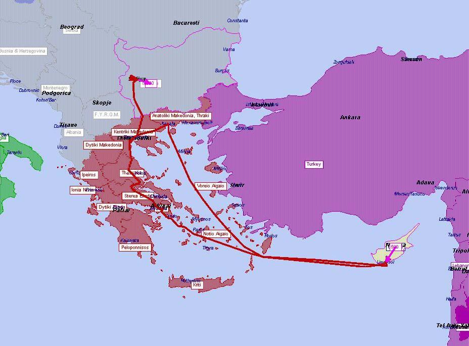 Figure 2-16 Indicative shortest paths displaying the two alternative ways of connection between the EMR-Middle East & North Aegean ports clusters The volume of ton/kms that could be shifted from the