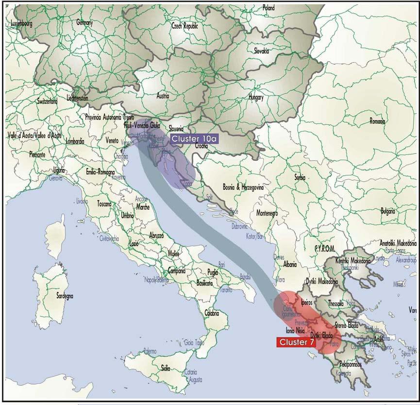 Figure 2-23 MoS potential corridor 3 (Ionian Sea/ West Greece & the eastern segment of the North Adriatic ports clusters) and interconnection with the main railway networks In regards to road