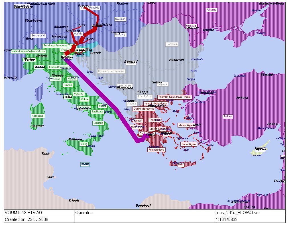 Figure 2-26 MoS flows in the indicative MoS link Venice - Igoumenitsa Patra - Korinthos (MoS potential corridor 4 (Ionian Sea/ West Greece & the central segment of the North Adriatic ports clusters)