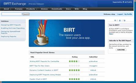 BIRT Exchange: Expanding the BIRT Community BIRT Exchange Self-serve community site sponsored by Actuate for BIRT developers to learn,