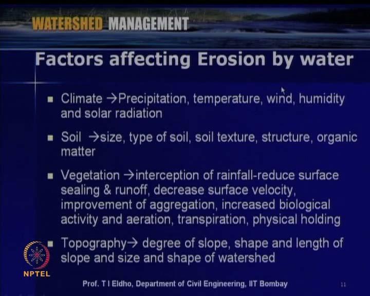 (Refer Slide Time: 20:53) So now, say as far as water erosion is concerned, let us see what are the important factors which affects the soil erosion.