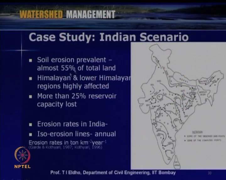 (Refer Slide Time: 55:15) So, here say in this slide, the the the soil erosion rates in India is shown in terms of ISO erosion lines. So, soil erosion is a big problem in India.
