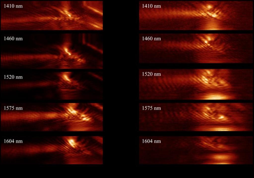 Fig. 5. NSOM images taken over the cloak region at various wavelengths for (a) sample A with 10 nm TiO 2 coating and (b) sample B with 5 nm TiO 2 coating.
