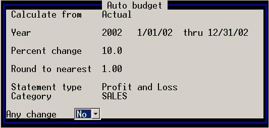 Basic Accounting Option 104 You can also press F4 to automatically calculate budgets for each period of the year for this account.