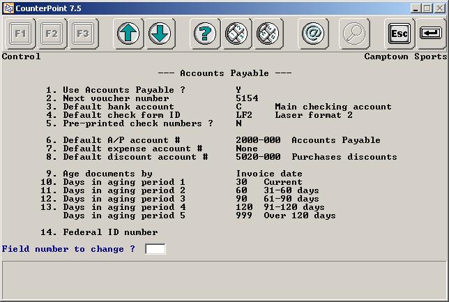 Basic Accounting Option 40 Accounts Payable screen Select Setup / Accounting / Control to define the Accounts Payable information in the Basic Accounting Control file.