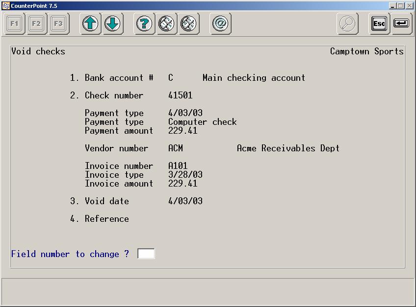 Basic Accounting Option 74 Entering void check transactions Select Accounting / Accounts Payable / Void checks / Enter to enter void check transactions for both printed and unprinted checks.