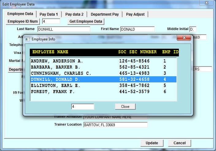 This is an example of using the Employee Id Number look up an select pop up screen.