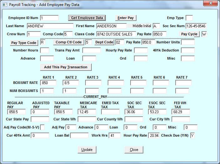 ADD EMPLOYEE PAYROLL DATA This screen is located under Master Menu Option Process. Each element (or transaction) of the current payroll will be entered separately.