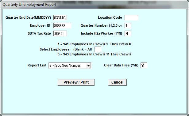 Step 3: Under Reports\Federal\State Reports\Quarterly Unemployment Report, print report and then set Clear Data Files (Y/N) to Y and run again to preview print.