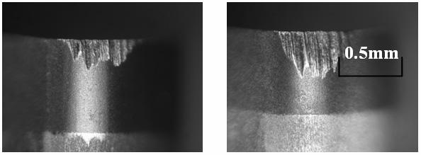 In the cutting of the V30, V40, V50 and V60, the face wear could be slightly observed though the micro-photographs could not be shown. As measured from Fig.