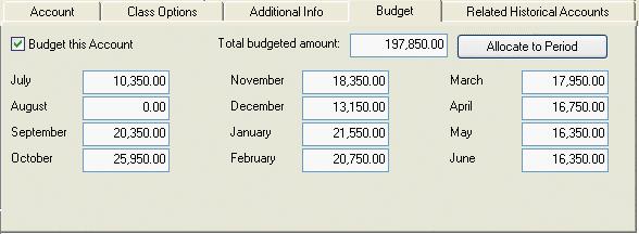 Chapter 6: Setting Up a Budget If the budget period is Annual, a single budget amount field appears here. Click this button to distribute the Total Budgeted Amount in equal amounts to each period.