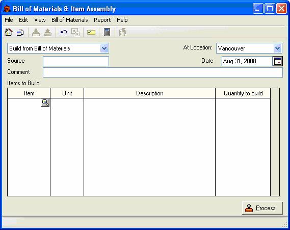 Part 1: Setting Up If you are using Simply Accounting Premium or higher and multiple locations, choose the location at which the item will be assembled. Select Build from Bill of Materials. 3.