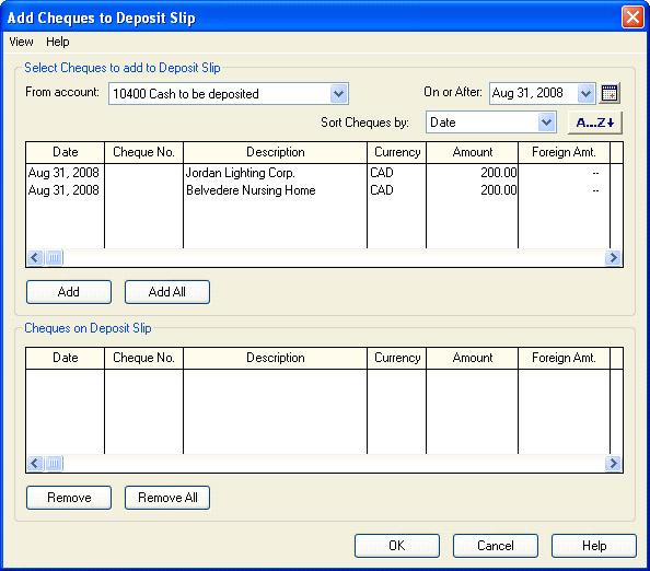 Part 2: Day-to-Day Business A new window appears: Select the account you deposited the cheque into in the Receipts window. Select the cheque(s) you are adding to this deposit and then click Add.