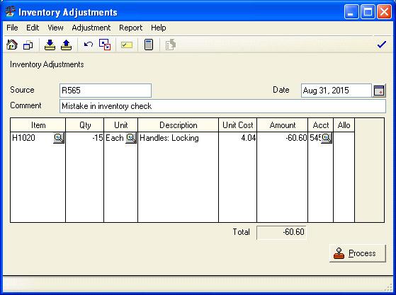 Part 3: Company Maintenance 2. Enter a number in the source field. 3. Select the item and enter the quantity of inventory that you are adjusting. If you are decreasing stock, type a negative number.