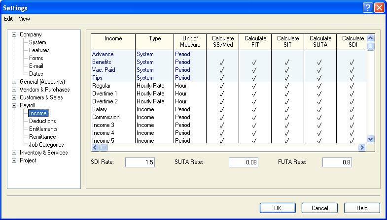 Chapter 3: Entering Basic Settings and Options Enter U.S. Payroll Tax Information 1. In the Home window on the Setup menu, choose System Settings, then Settings. 2.