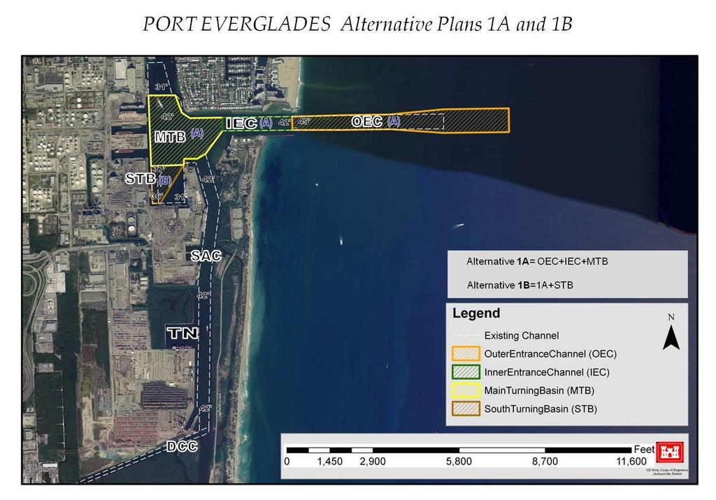 Figure 29: Alternative Plans 1A and 1B Plan 1A: This plan would analyze depths incrementally from existing 45 ft to 57 feet in the OEC, and from existing 42 to 50 feet in the IEC and MTB to allow