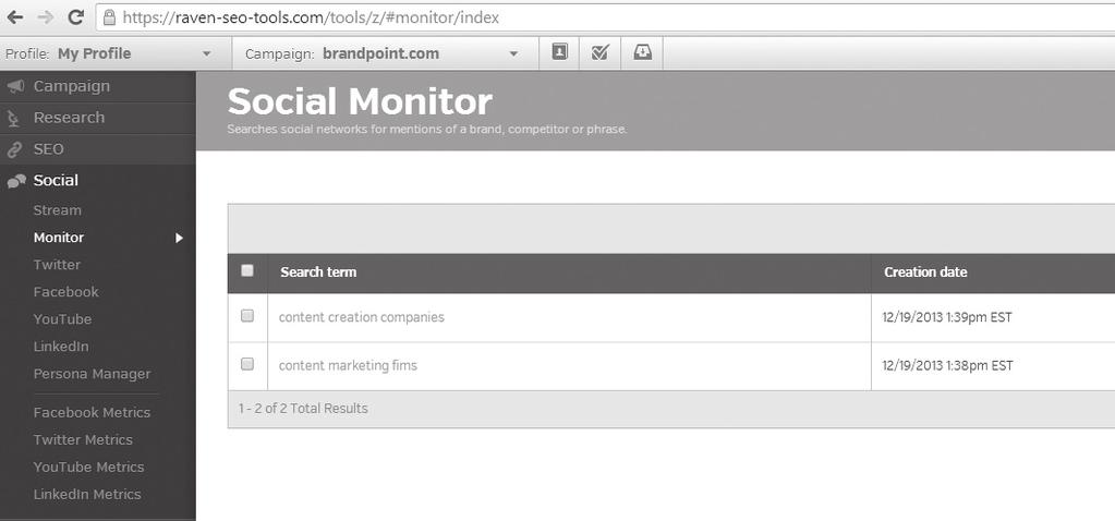 The Monitor tab on Raventools. mentions, direct messages and scheduled posts all in one place. Another column to utilize is the option to follow keywords or topics within the social platform.