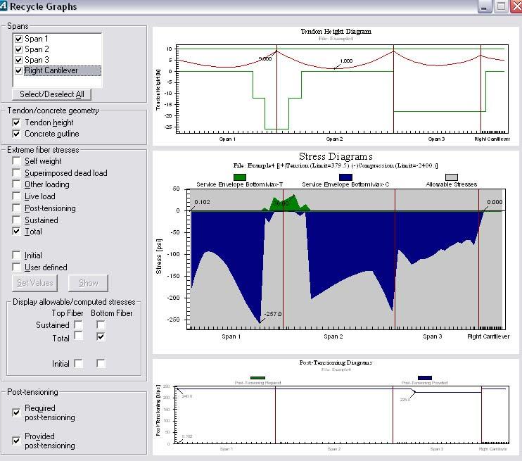 You can check the final stresses either by clicking Extreme fiber stresses [4] tab in the PT Recycling window (Fig. 5.2-3) or by clicking Graphs at the top left of the screen.