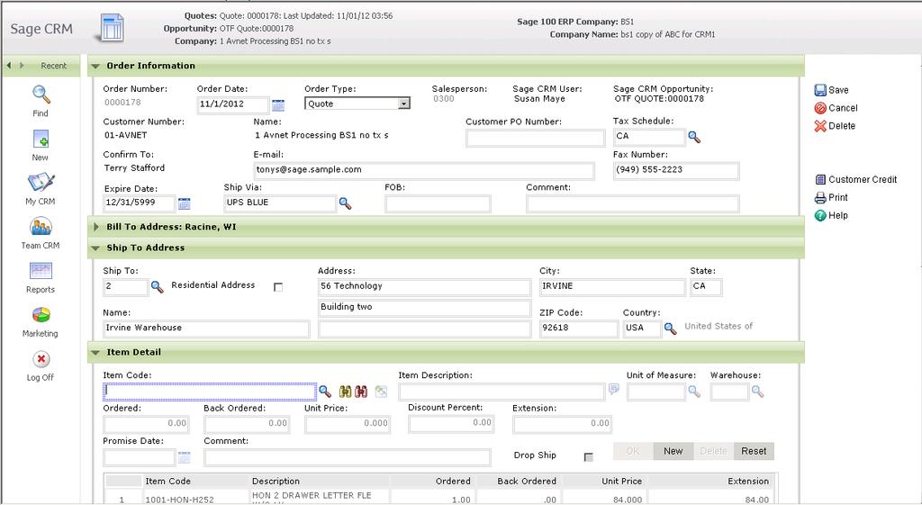 SAGE CRM QUICK ORDER ENTRY New quick order entry screens are now optionally available for Sage 100 Advanced and Premium ERP 2013, which can be used in addition to the standard order entry screens.