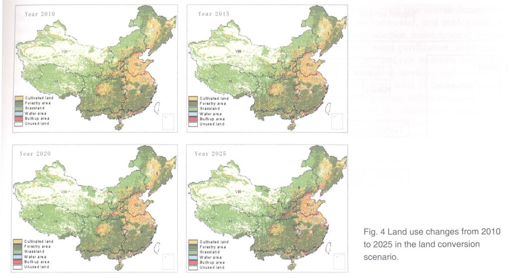 08 10 6 ha annually, and the forest area increased by 0.02 10 6 ha annually between 2005 and 2025. Grassland and built-up area shown a decreasing trend with an annual decrease of 0.10 10 6 ha and 0.