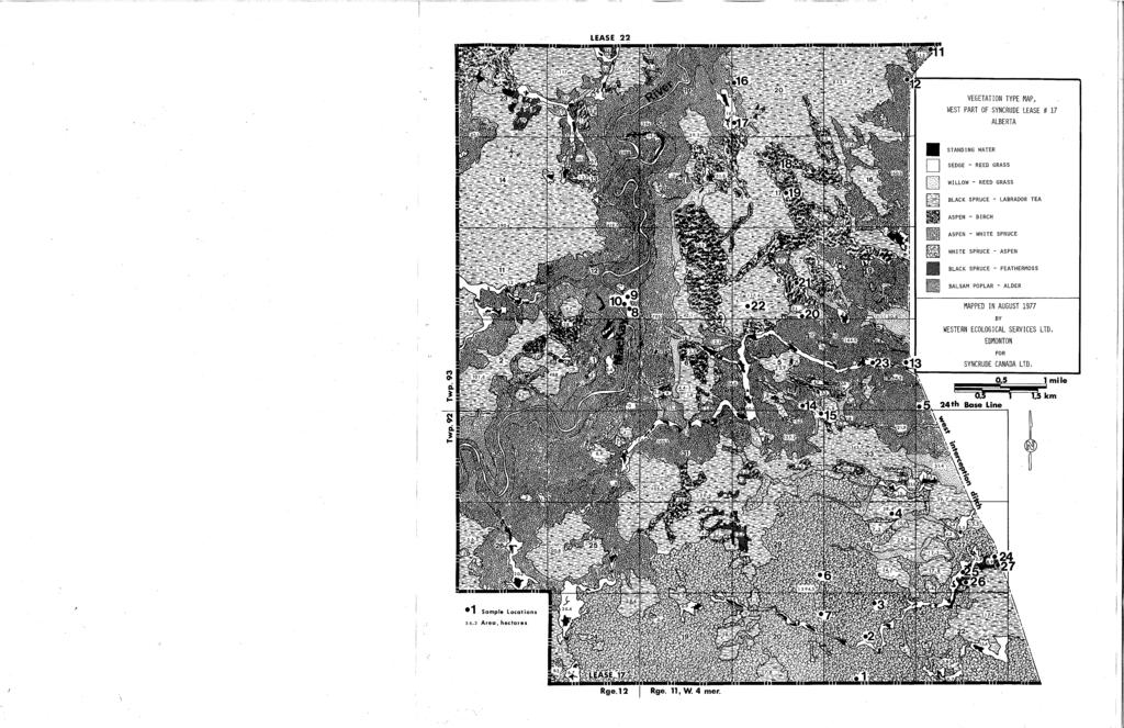 VEGETATION TYPE MAP, VIEST PART OF SYNCRUDE LEASE # 17 ALBERTA 1111 STANDING WATER ~ SEDGE - REED GRASS w WILLOW - REED GRASS ~ BLACK SPRUCE - LABRADOR TEA R ASPEN - BIRCH ~ ASPEN - WHITE SPRUCE ~