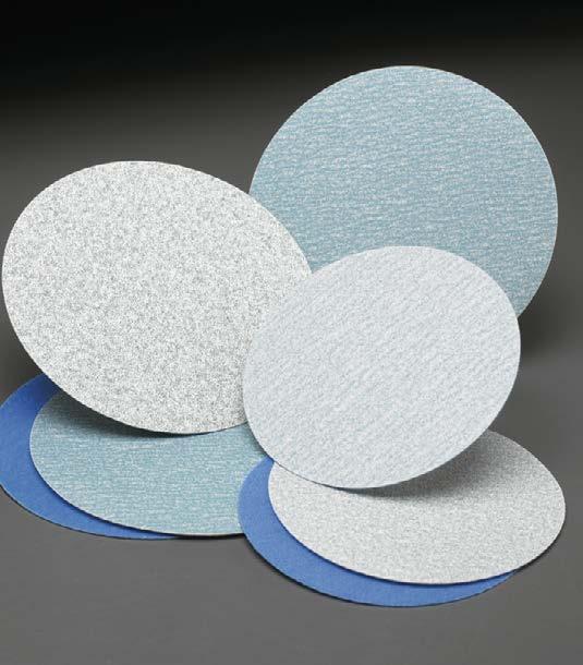 heat-treated aluminum oxide abrasive Unique fiber-reinforced, flexible B-weight latex-saturated backing Water-based stearate, non-pigmented, No-Fil coating 5" and 6" individual PSA discs in fine