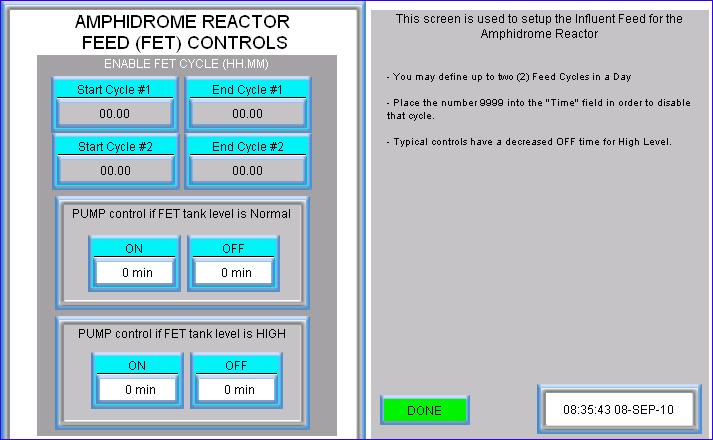 Using this dialog, you may define two separate start and end times during which the feed pumps will run. You will also define the two on-off cycles at which the pumps operate.