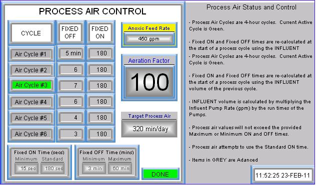 Process Air Control Screen The process control screen, like all pop-up dialog screens in this system provides some operator notes and guides.