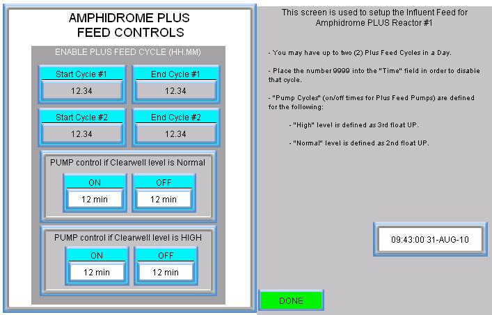 Plus Feed Control Dialog Using this dialog, you may define two separate start and end times during which the feed pumps will run. You will also define the two on-off cycles at which the pumps operate.