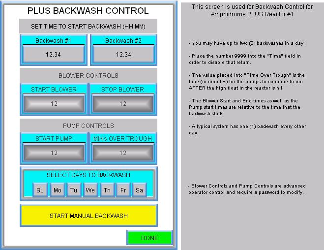 Plus Reactor Backwash Dialog This screen is opened by pressing on the Backwash Control button in the top right of the screen You may set up to two backwashes per day.