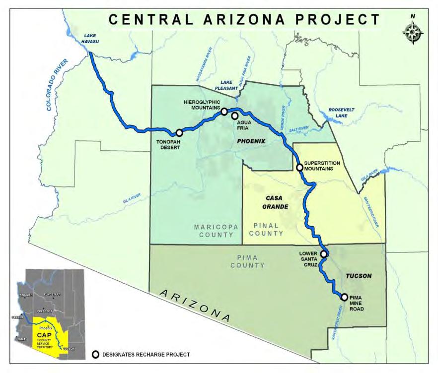 Central Arizona Project 336-mile aqueduct stretches from Lake Havasu to Tucson 14 pumping plants lift water nearly 3,000 feet 8 siphons, 3 tunnels Lake Pleasant/New