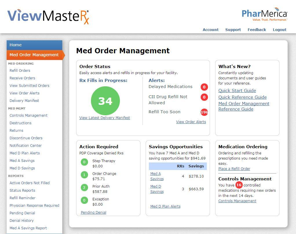 MED ORDERING Using the links under Med Ordering, you can order refills for residents, review any medication orders that were submitted, and view alerts.