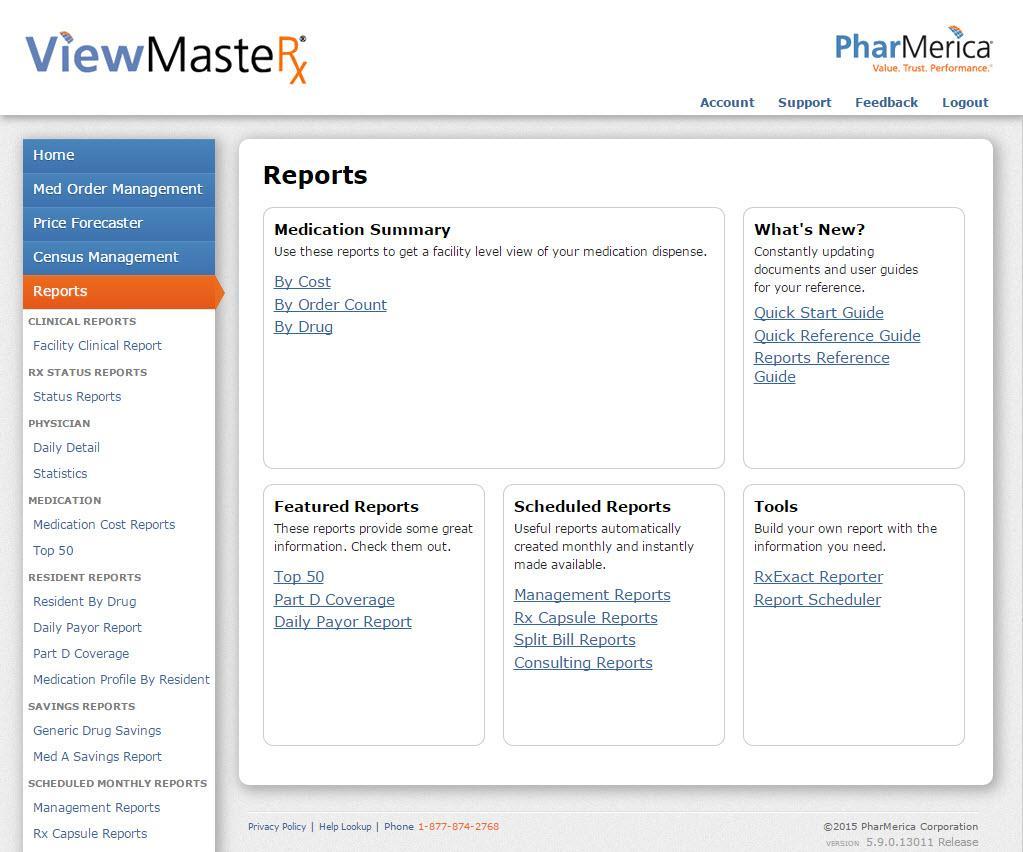 Reports With Reports, you have the ability to view, create, and export a variety of reports regarding residents and their medications, including resident plans and the top 50 medications being