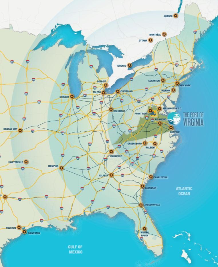 Mid Atlantic U.S. Location The Port of Virginia is within a day s drive of two-thirds of the U.S. population.