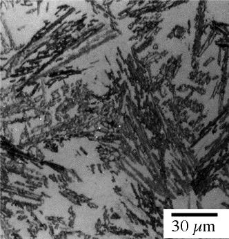 Fig. 3: Optical micrograph of upper bainite in an Fe 0.43C 3Mn 2.02Si wt.% showing the blocks of retained austenite between sheaves of bainite. to increase the stability of the austenite.