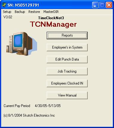 TCNManager TCNManager is used to maintain the TimeClockNet 3 system. It only needs to be run when needed. TCNMaster must be installed and running before you use TCNManager.