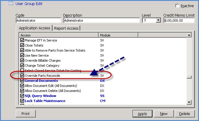SedonaSetup (continued) User Group Setup A new security option has been added to the SV (service) area of User Group Application Access. This new option is labeled Override Parts Reconcile.