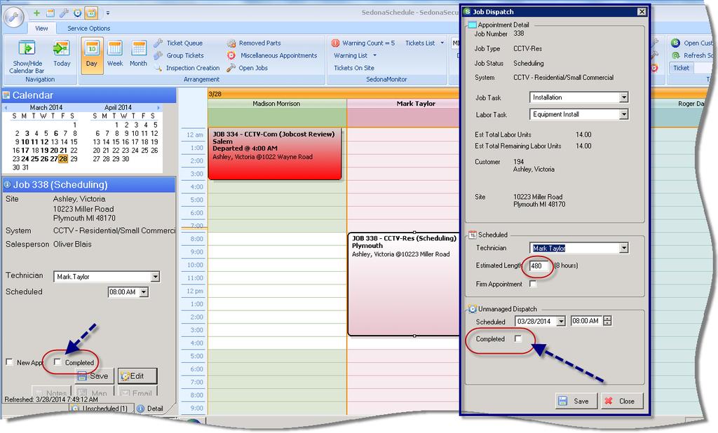 No-Dispatch Job Appointments (continued) There are two methods for marking a Job Appointment as Complete : From the Schedule Board, click once on the Job Appointment to fill in the Job Detail area,